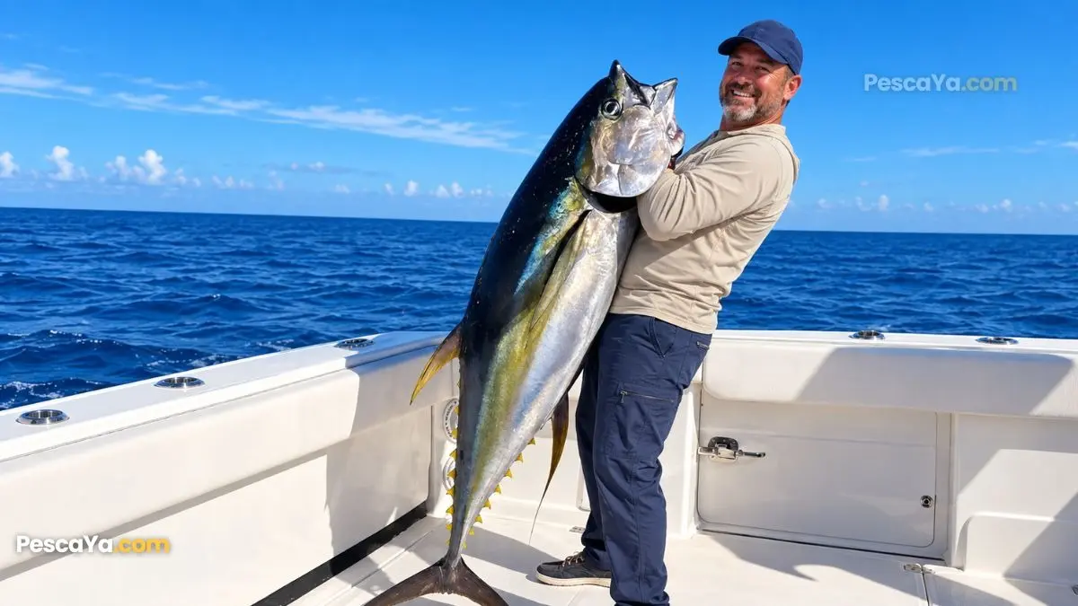 Angler holding a large yellowfin tuna on a charter boat in the Gulf of Chiriquí