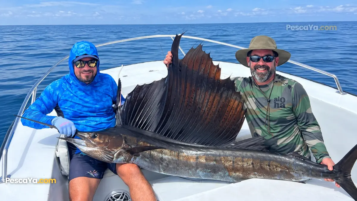 Dos pescadores sostienen un pez vela a bordo de un charter de pesca en Panamá