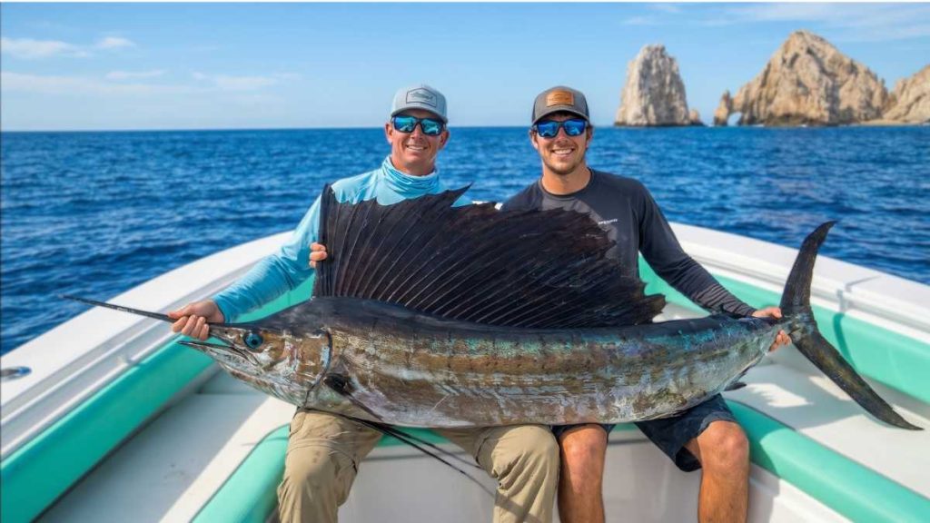 a picture of 2 men holding a sailfish in san cabo lucas